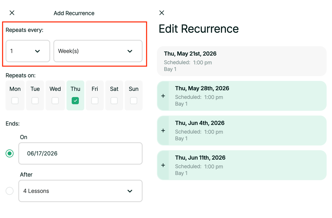 Recurring Lessons and Bookings