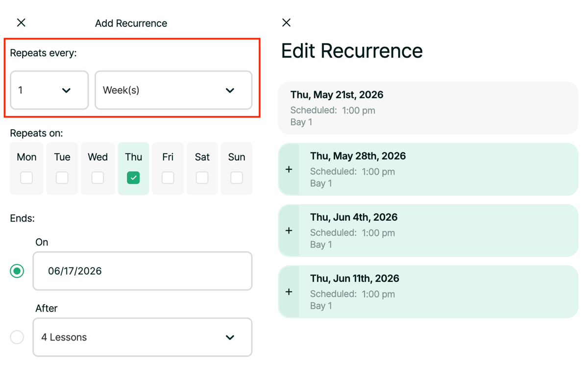 Recurring Lessons and Bookings